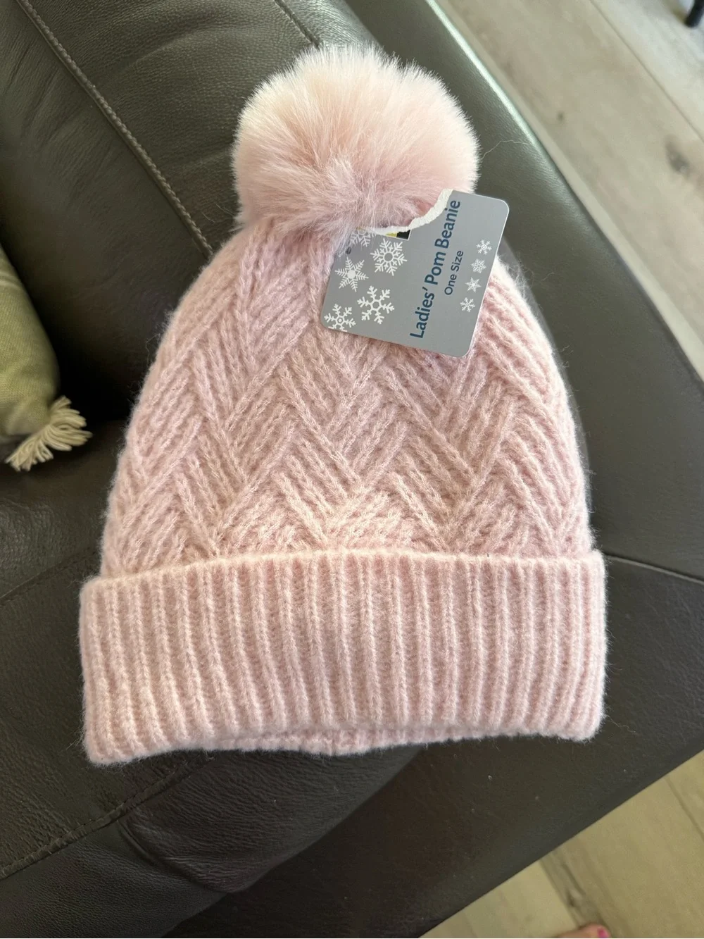 Ladies' Pom Beanie - Soft Light Pink Faux Fur Pom